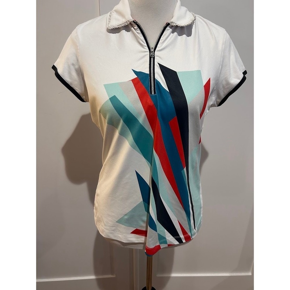 Tail Tech Womens Golf Polo Shirt White Geometric Quarter Zip‎ Ruffle Collar M